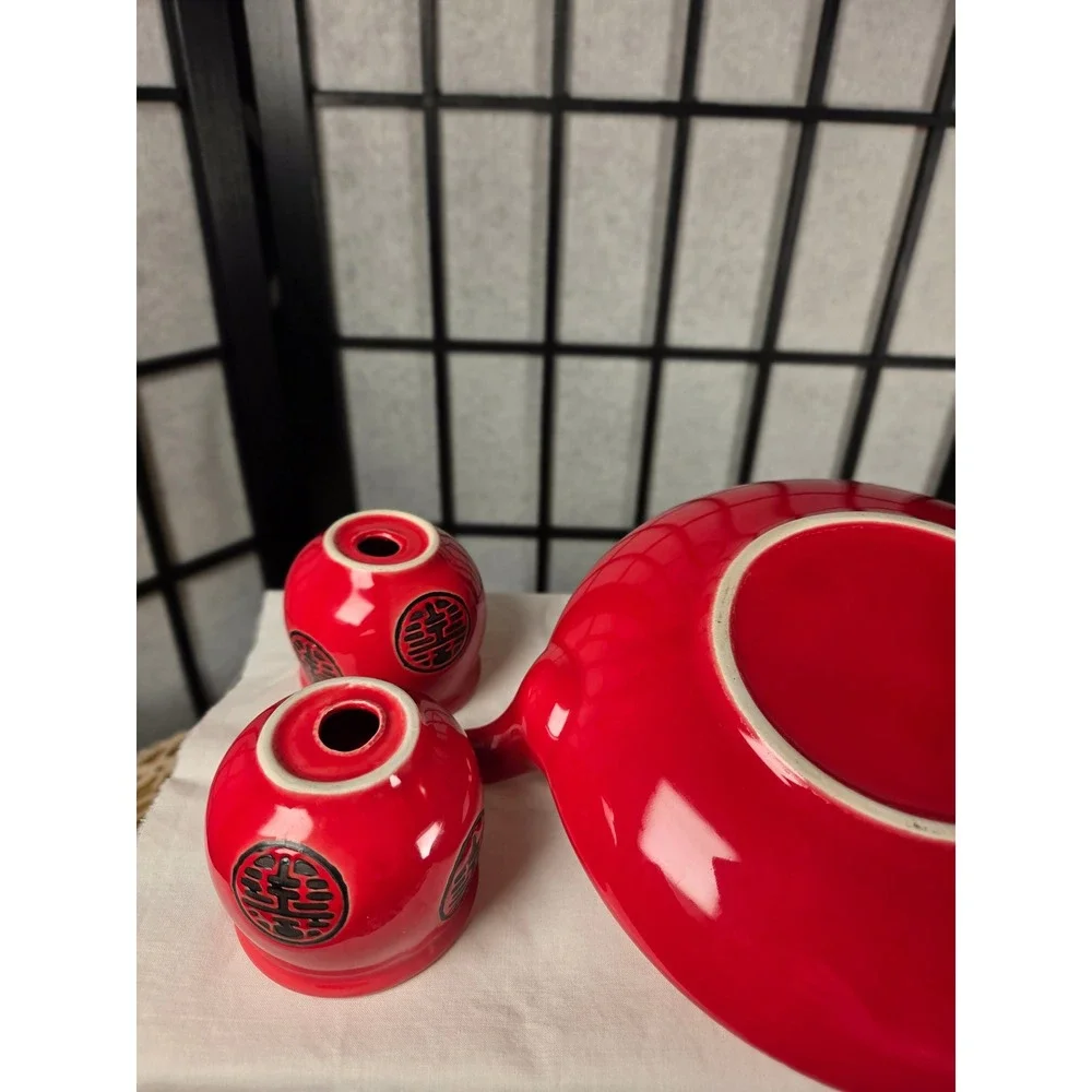 Red Double Happiness Ceramic Tea Set Teapot and 4 Cups Chinese Wedding Decor